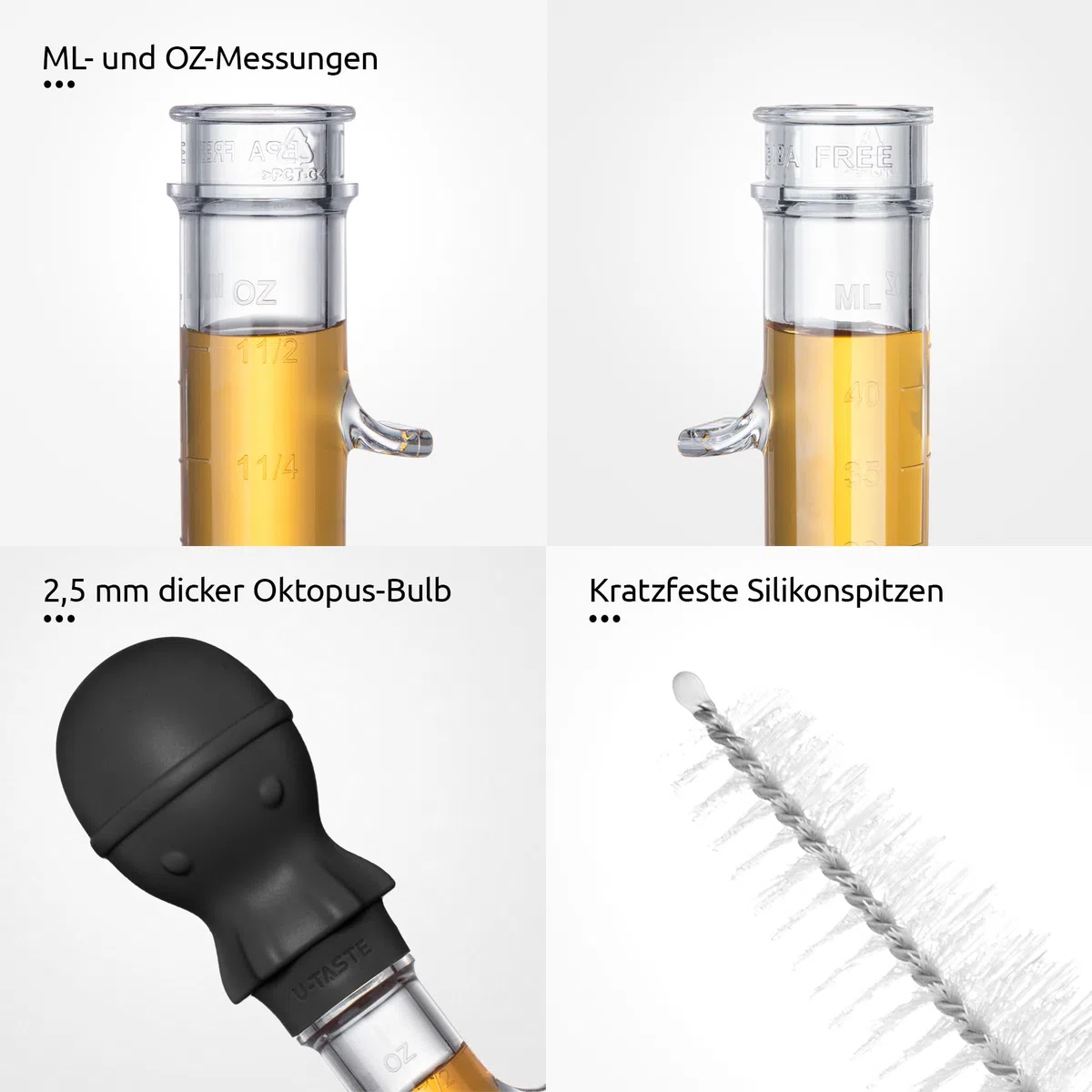 109℃ Hitzebeständige Große Abgewinkelte Bratenspritze: U-Taste Tritan Putenfleisch-Fettpipette mit Silikon Oktopus-Saugkopf und Reinigungsbürste zum Kochen Braten Begießen (1.5 OZ/44 ML, Schwarz)