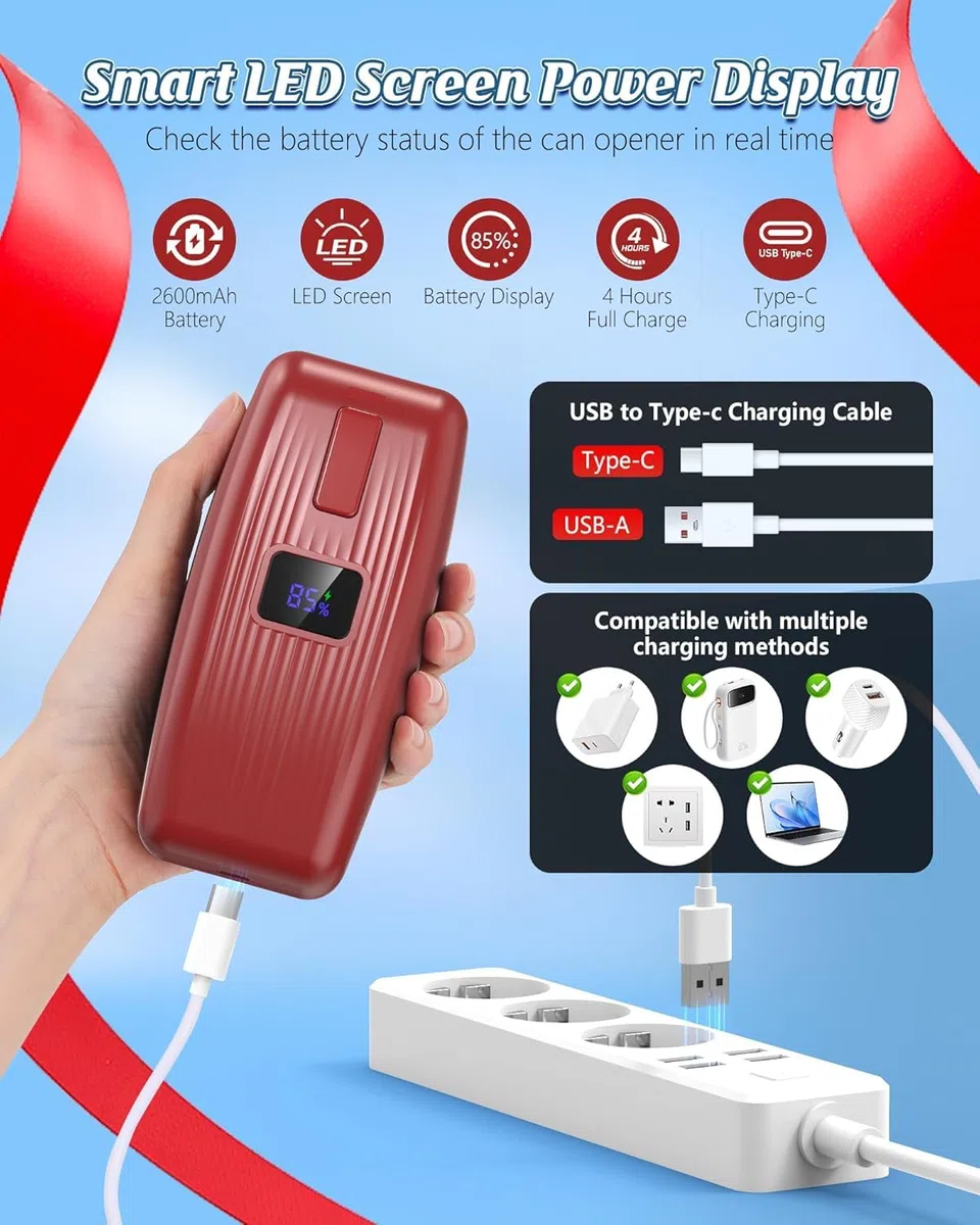 Elektrischer Dosenöffner Automatischer Elektrische Dosenöffner mit One-Touch-Bedienung Intelligenter Elektrischer Dosenöffner für Senioren Wiederaufladbarer Dosenöffner für alle Dosengrößen (Rot)