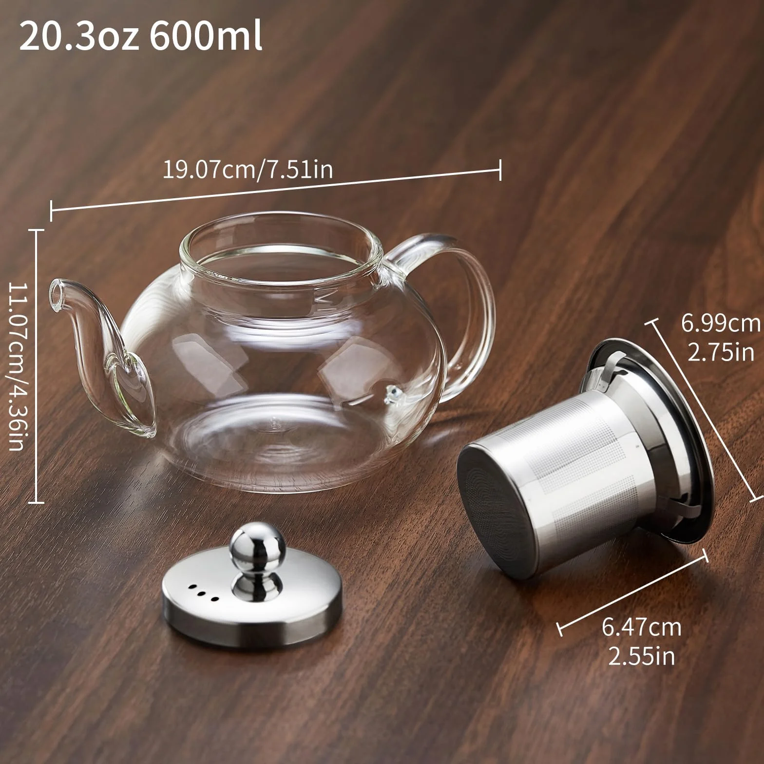 MESNEY Glas Teekanne, MEISINNI Teekanne mit Siebeinsatz, Glaskanne mit Deckel, Borosilikatglas, Hitzefest, Mikrowellenbeständig für Schwarzen Tee und Grünen Tee, 600 ml