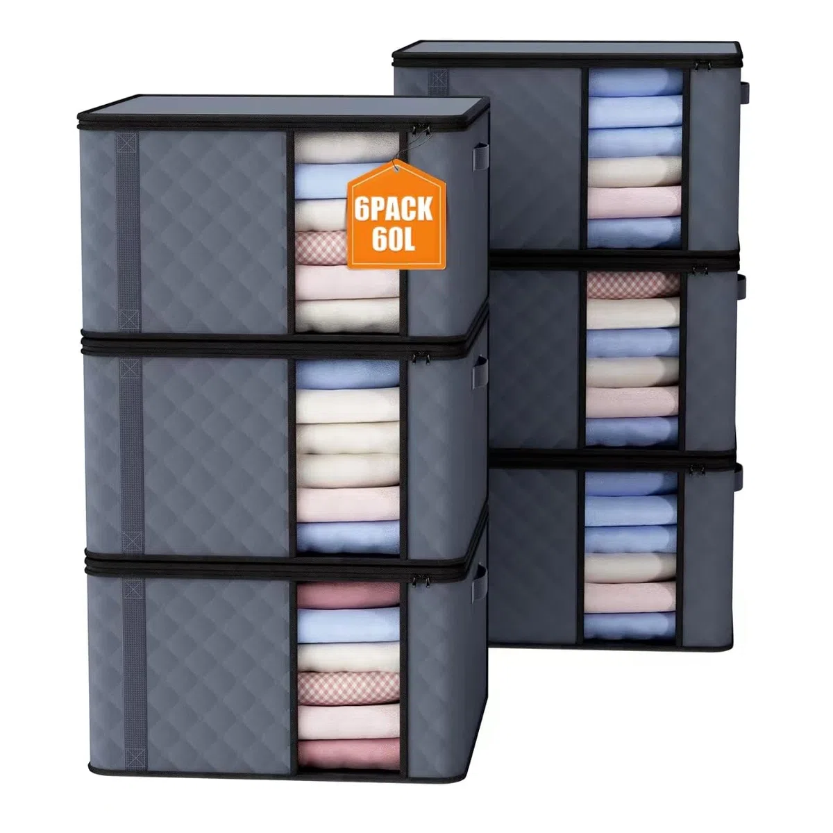 6 Stück 60L Aufbewahrungstasche, Aufbewahrungsbox mit Deckel, Große Kleideraufbewahrung Umzugskartons, Faltbare Aufbewahrung Boxen für Bettdecken Decken Kleidung Unterbett Kleiderschrank