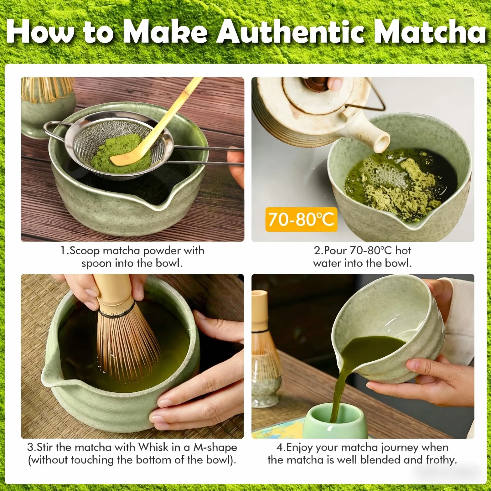 Matcha Set, 6 Stück Matcha Tee Set mit Matcha Besen, Edelstahlsieb, Matcha Schale, 2 Matcha Löffel, Besenhalter aus Keramik, Geschenk für Matcha-Liebhaber, Grün