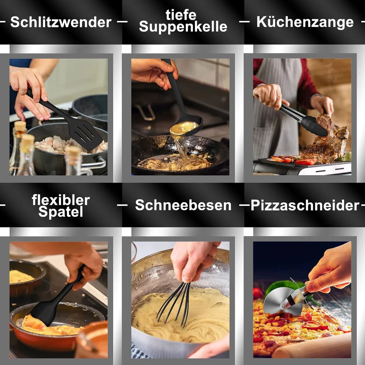Küchenhelfer Set, 43-teiliges Silikon Kochutensilien Kochbesteck Set, Hitzebeständiger Kochgeschirr mit Utensilienhalter, Antihaft Kochset Küchenutensilien, Spülmaschinenfest - Schwar
