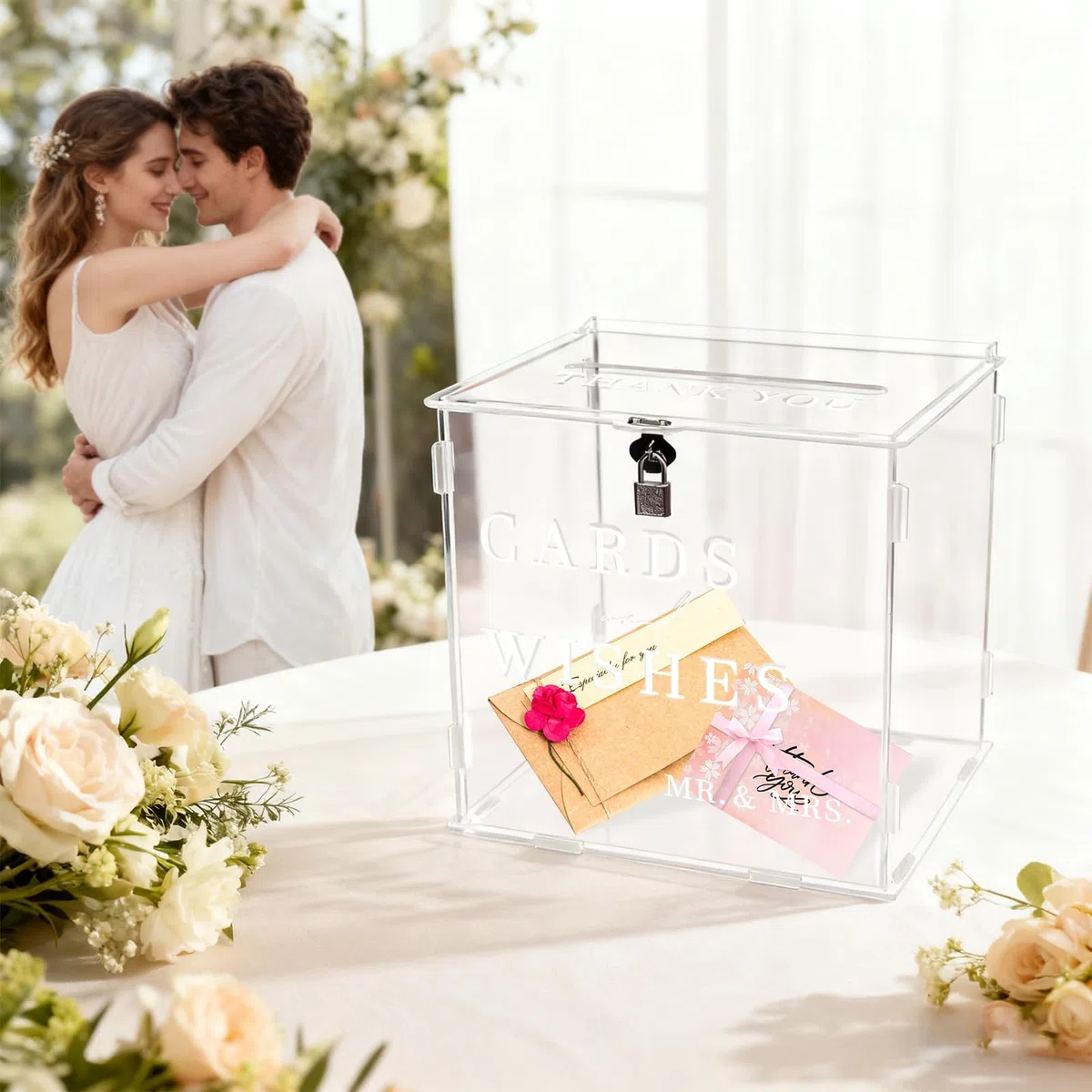 Acryl Hochzeit Kartenbox mit Schloss, Hochzeitsbox Geschenkkarten, Große DIY Kartenbox Hochzeit Geldbox mit Breitem Schlitz Briefkasten Umschlag Box für Geburtstag Babyparty Jubiläum (Weiß)