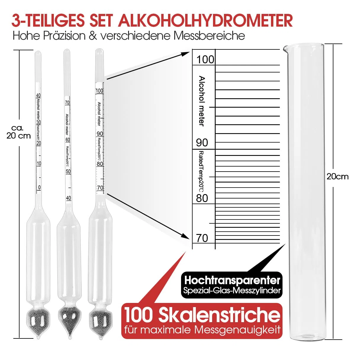 Alkoholmeter 3 pcs 0-40 Vol%, 40-70 Vol%, 70-100 Vol% Alkoholmessgerät Tester Alkoholgehalt + Glas Meßzylinder für alle Spirituosen/Destillate, Whisky, Brandy, Wodka