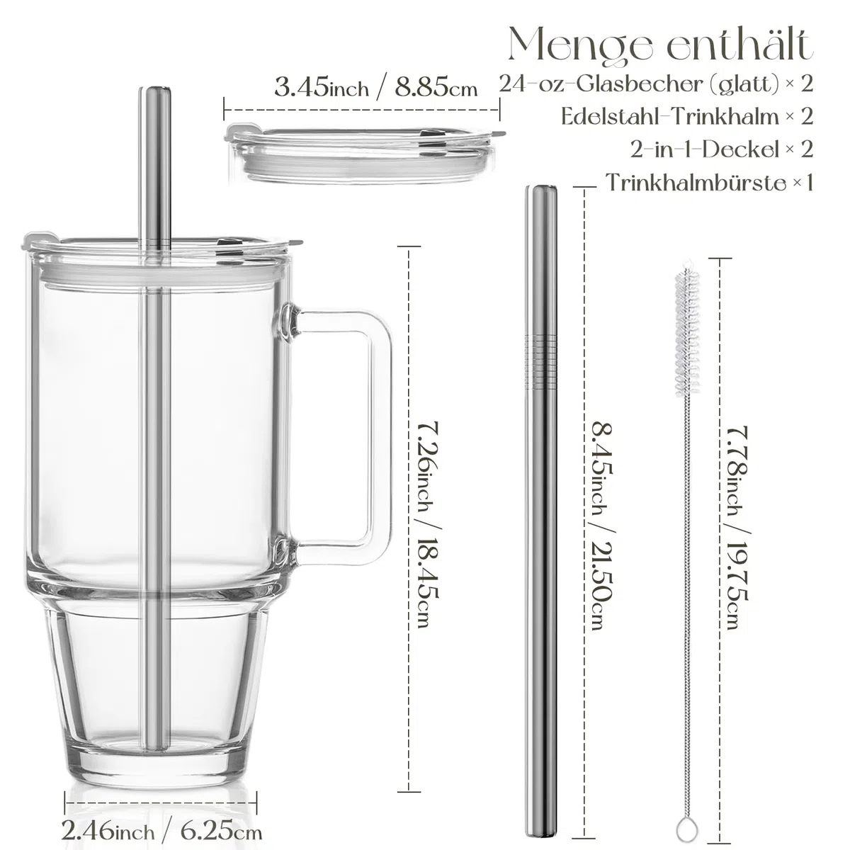 KEMORELA 2er-Set 710ml Glasbecher mit Griff, Deckel & Edelstahl-Strohhalmen – Wiederverwendbare Mason Jar Trinkgläser für Eiskaffee, Smoothies, Säfte & Tee – Inkl. Reinigungsbürste
