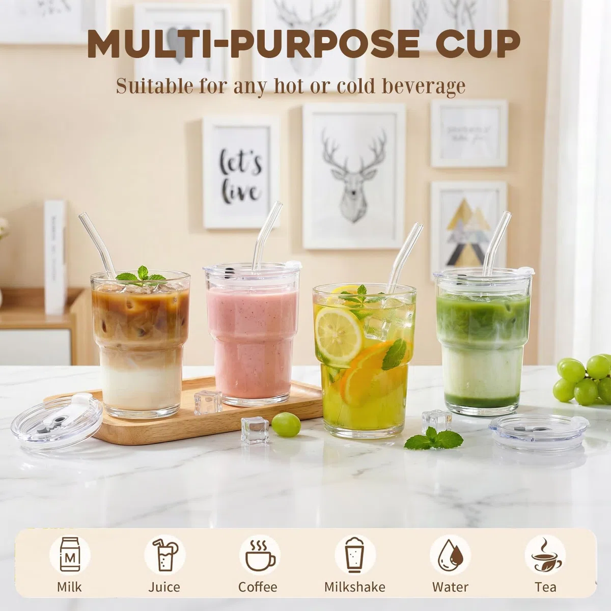 VITEVER 2 Stück 450ml Glasbecher mit Deckel und Strohhalm, Smoothie Becher mit Strohhalm, Luftdicht Wasserdicht Design Kaffeebecher Travel Mug, Eiskaffee Becher, Trinkglas