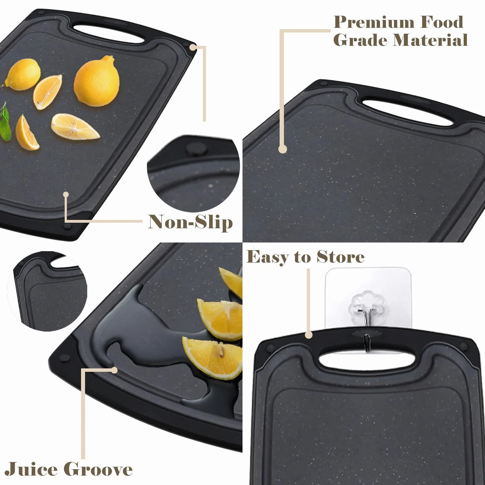 Frühstücksbrettchen 6er Set mit 6er Steakmessern, 25x15cm Kleines Dunkelgrau Frühstücksbrettchen Kunststoff Set, BPA frei, Antibakteriell, Rutschfest mit Saftrille, Spülmaschinenfestes