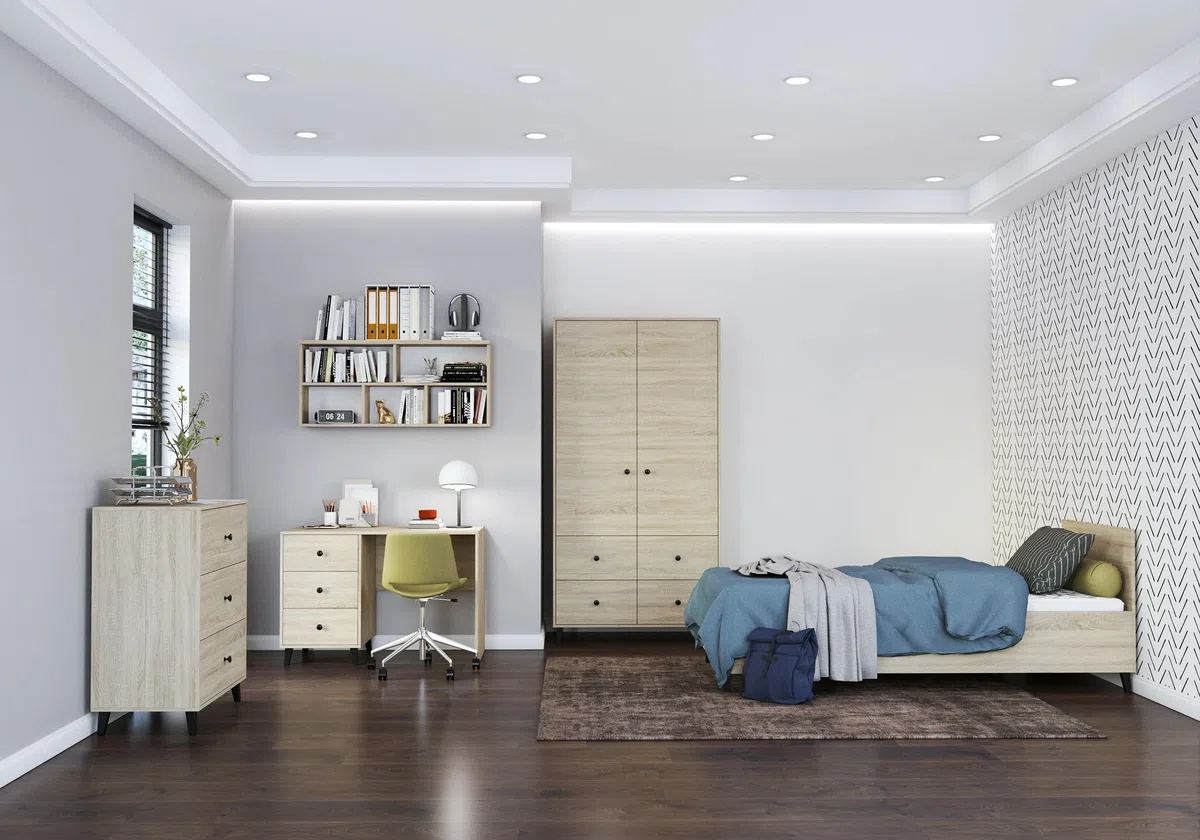 Fabryka Mebli Idźczak Kinderzimmer-Set Fox - Bett, Wandregal, Kinder Kommode, Schreibtisch, Kleiderschrank - Schwarze Holzbeine, Metallgriffe - Modernes Design - Sonoma