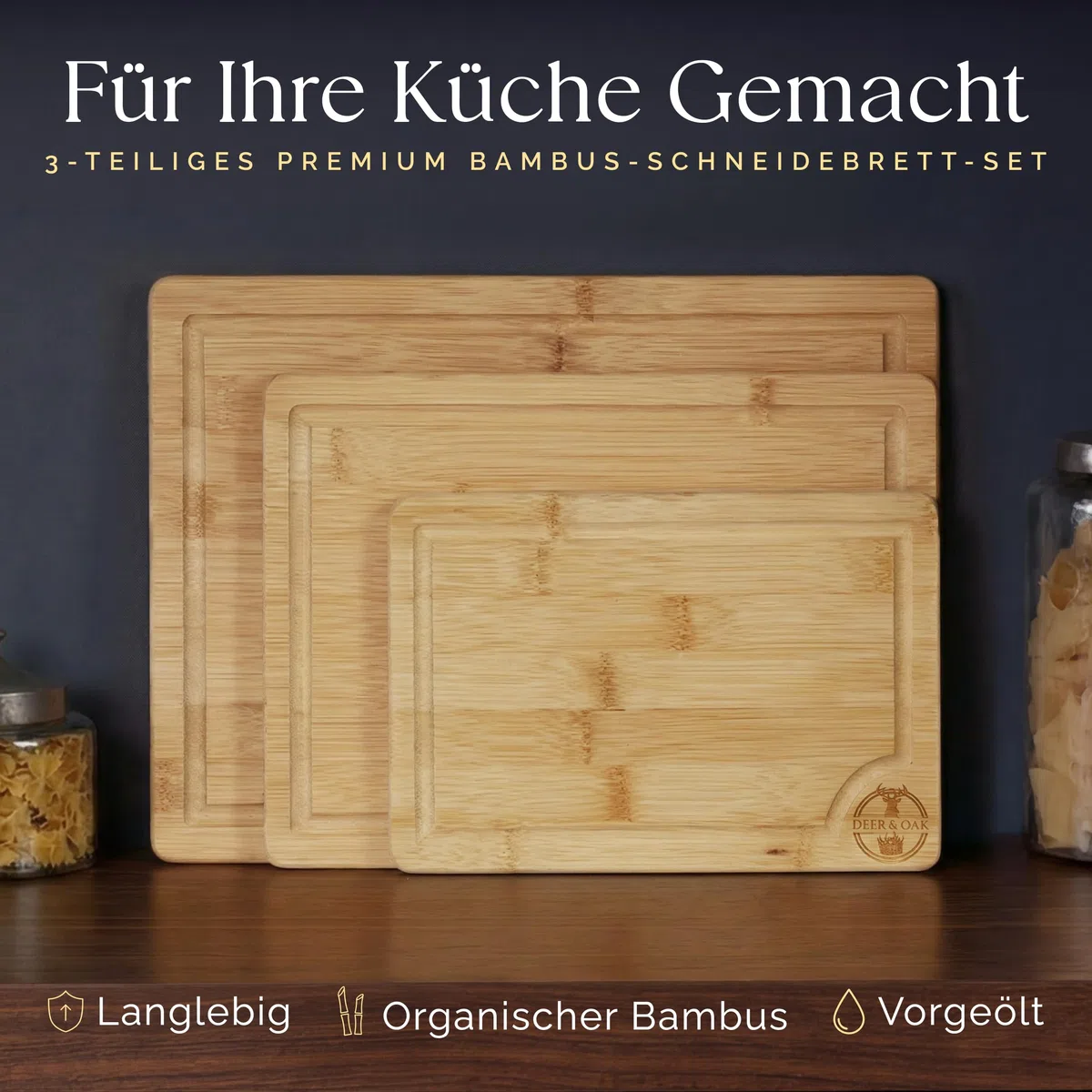 Deer & Oak Schneidebrett Holz Set 3-teiliges Vorgeölt Bambus Schneidebrett mit Griff & Saftrille, Küchenbrett, Schneidebretter Holz, Schneidbrett, Holzbrett Küche