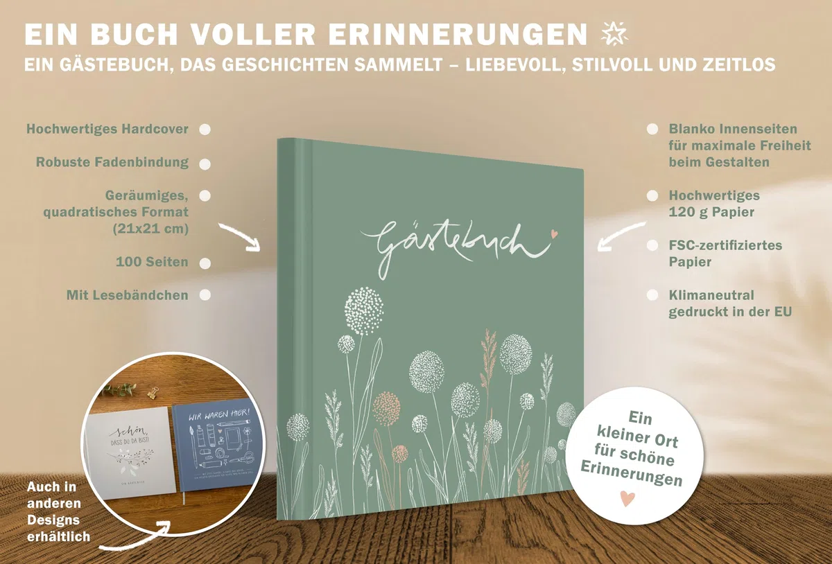 Eine der Guten Gästebuch für Hochzeit, Geburtstag, Ferienwohnung, Taufe, blanko Hochzeitsgästebuch Grün, 100 Seiten festes FSC Papier, klimaneutral, Premium Hardcover mit Fadenbindung, 21x21 cm