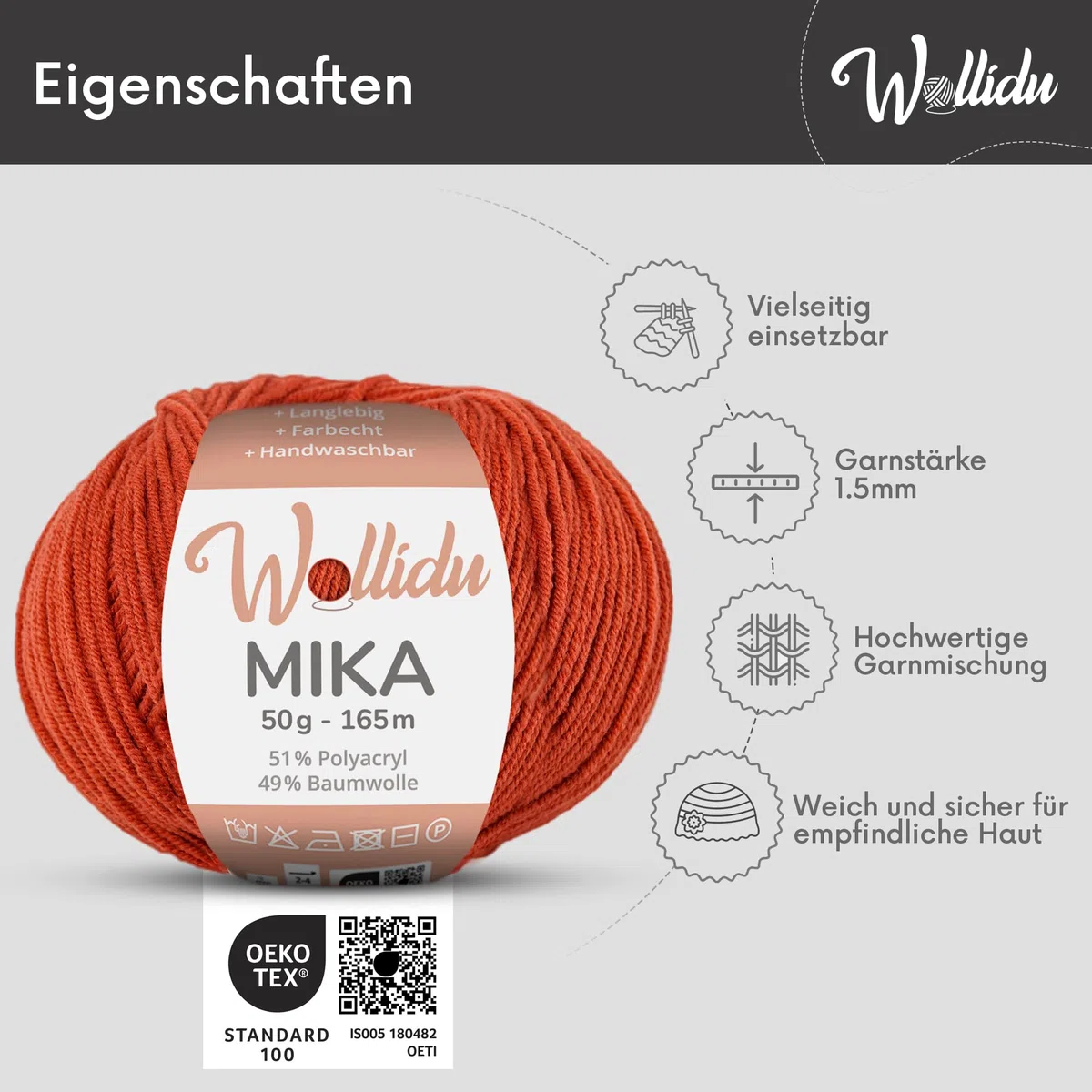 Wollidu Mika 51% Polyacryl 49% Baumwolle zum Häkeln und Stricken 10x 50g/165m Oeko-Tex Strickgarn Häkelgarn - Herbstrot