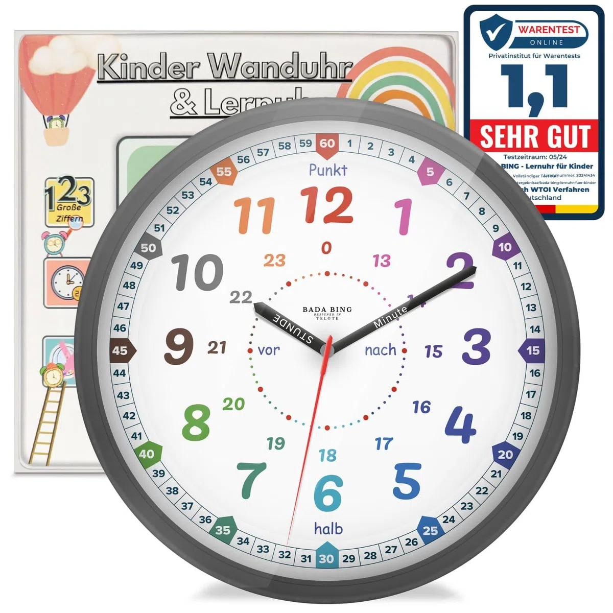 Bada Bing Montessori Wanduhr für Kinder - bruchfeste Acrylglasscheibe - Lernuhr ohne Tick Geräusch - analoge Kinderuhr zum Lernen der Uhrzeit - Kinderzimmer Mädchen, Jungen Uhr Ostergeschenk Kinder