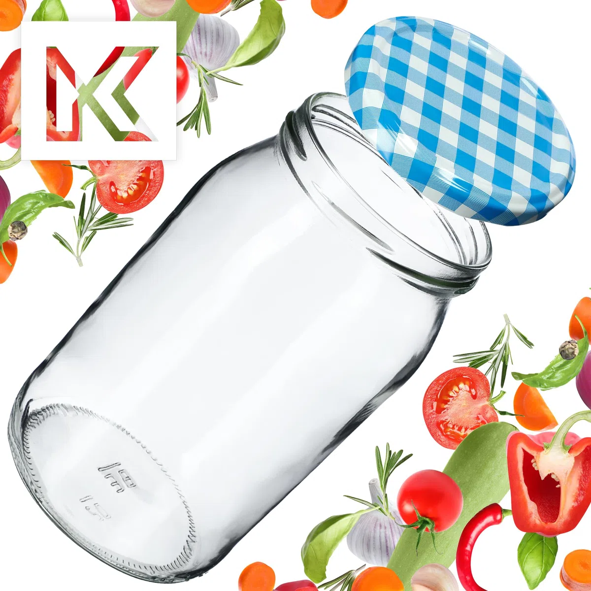 KADAX 8er Set Einmachgläser 760ml TO82 Blau kariert, Große Sturzgläser mit Schraubdeckel, Einkochgläser Fermentierglas für Gurken, Gemüse, Sauerteig