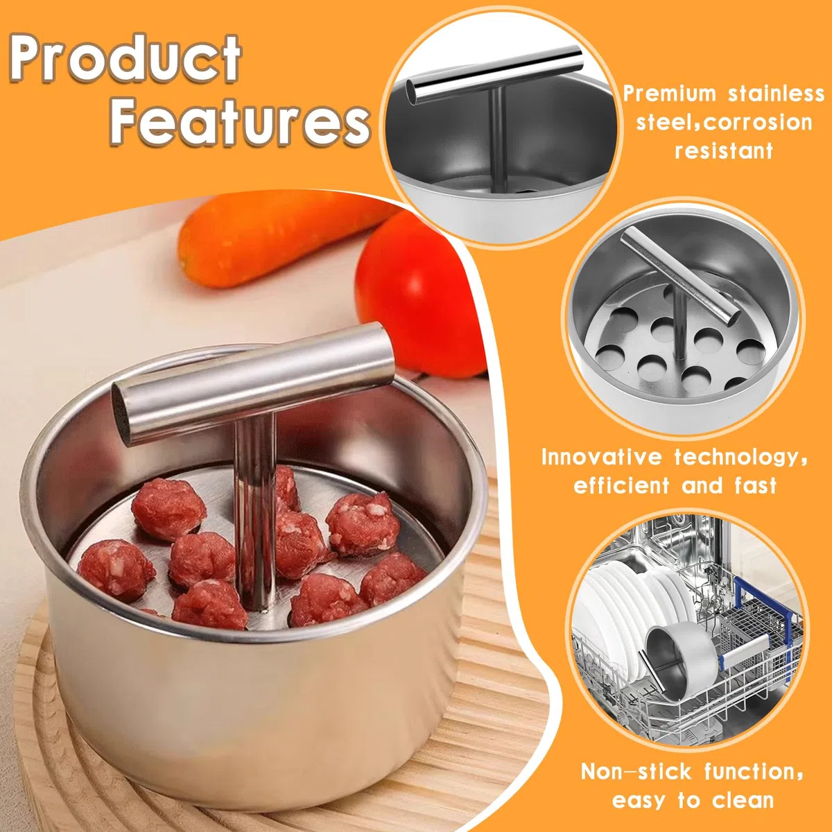 Fleischbällchen Former, 12 Löcher Edelstahl Hackbällchen Former mit Plastikschaber, Antihaft Frikadellenformer, Manueller Hackbällchen Former für Küche, Haushalt und Outdoor