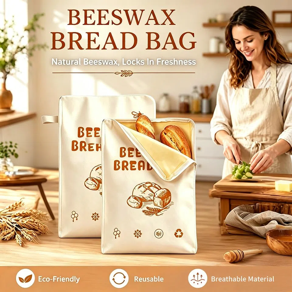 2 Stück Wiederverwendbare Bienenwachs Brotbeutel, Brotbeutel Bienenwach, Brotbeutels Leinen mit Natürlichem Bienenwachs Wiederverwendbare,Brotbeutels aufbewahrung für Sauerteig Handwerkerbrote