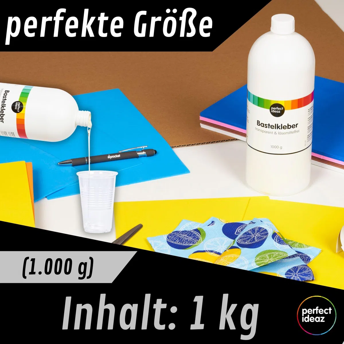 perfect ideaz – Bastelkleber 1.000 g (1 kg) – transparent & lösungsmittelfrei – starker PVA Flüssigkleber für Papier, Pappe, Stoff, Filz – auswaschbar, auf Wasserbasis, Made in Germany