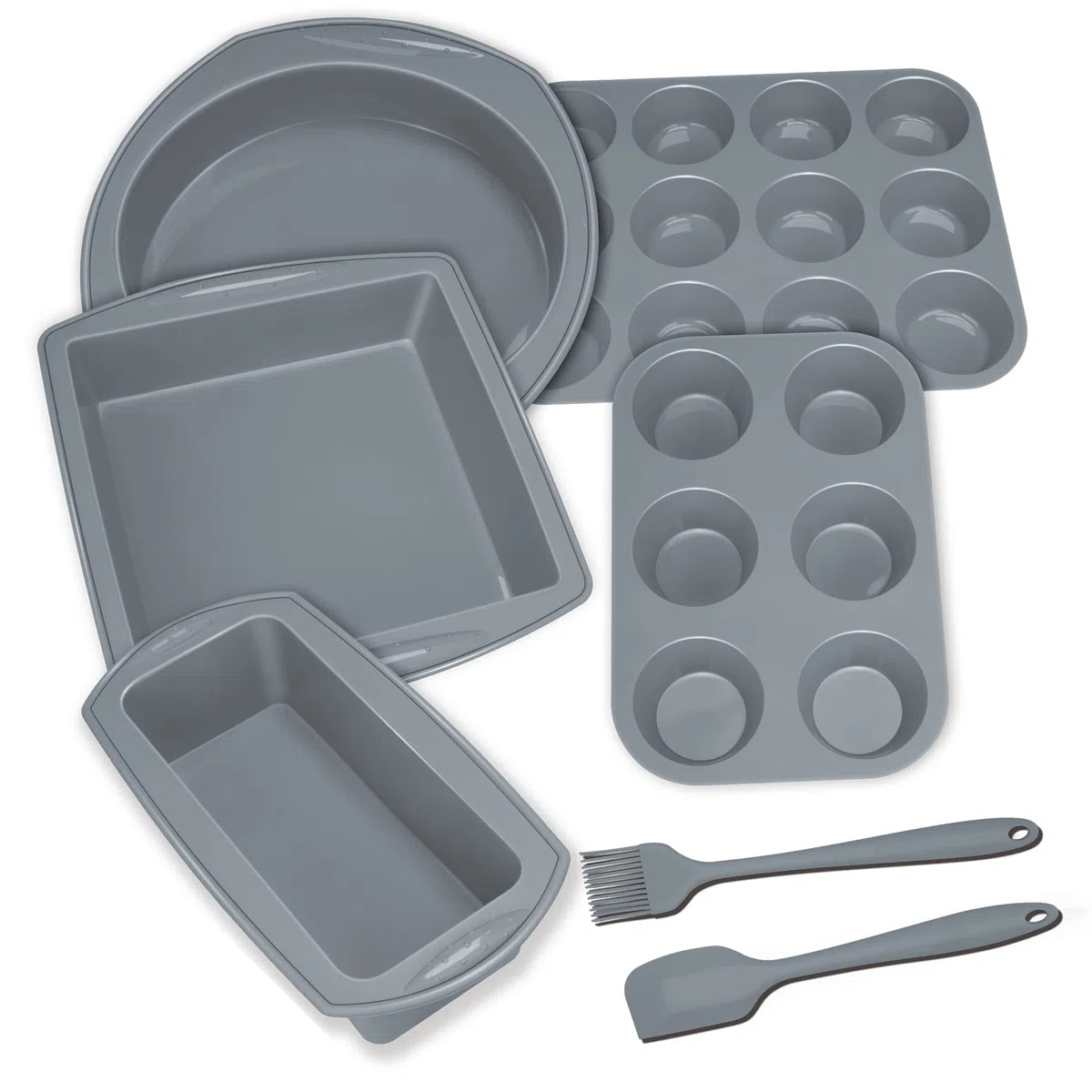Aschef 12x Antihaft Silikon Backformen Brotbackform Kuchenform Muffinform mit Teigschaber Backpinsel Messlöffel Set, Hitzebeständige Backform für Backen Pizza Brot Kuchen Cupcake Muffin- Grau