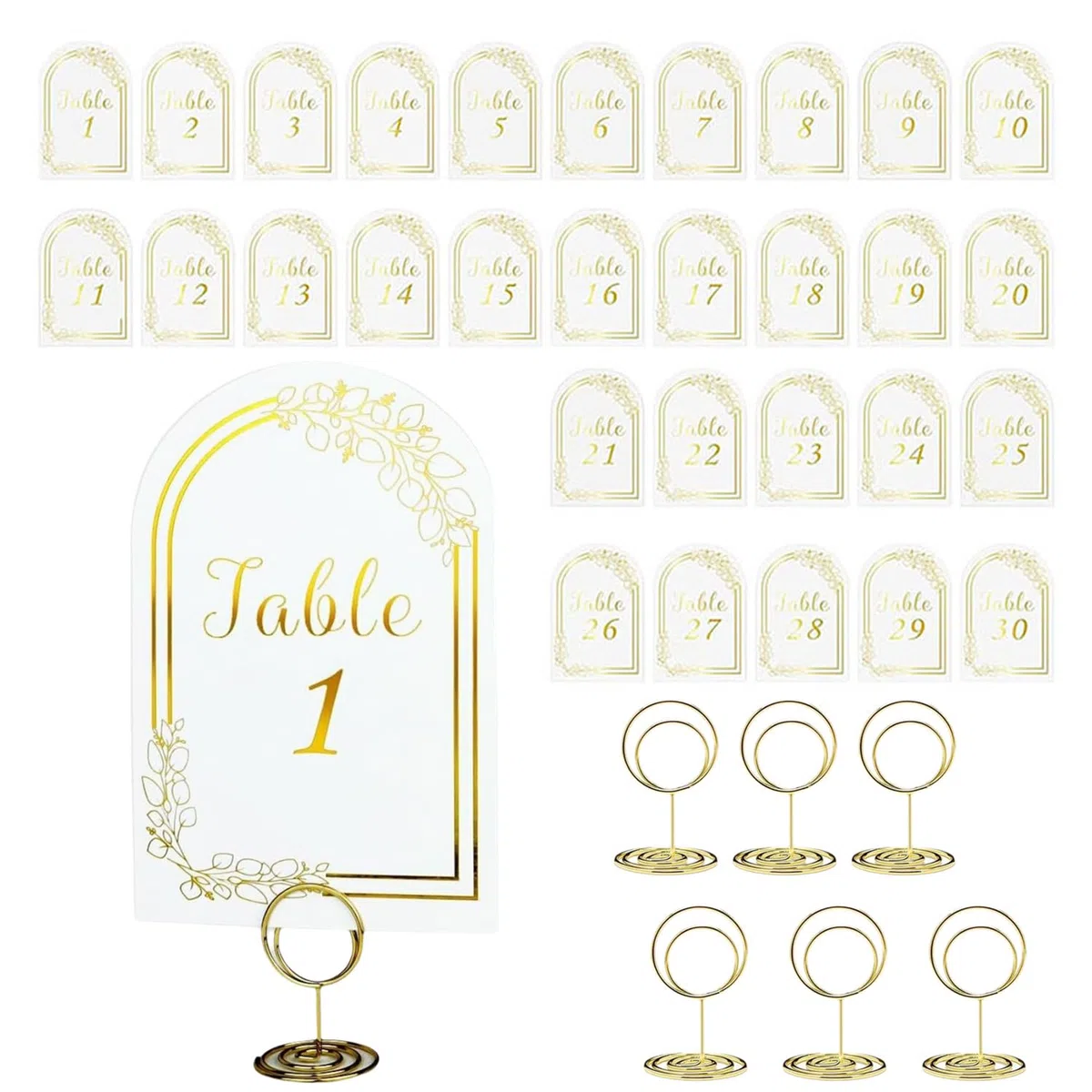 30 Stück Tischnummern Set 1-30, Goldene Tischkarten mit Metallhalter Elegante Tischnummern für Hochzeit, Party & Bankett | Transparent & Gold.