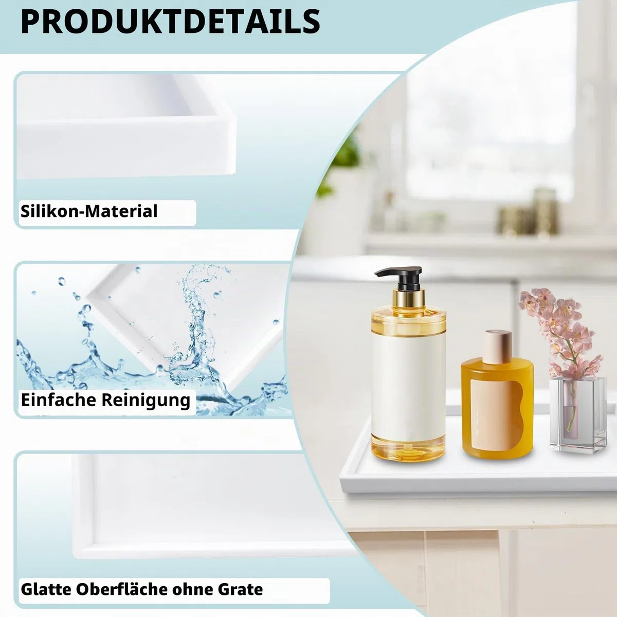 2 x Badezimmer-Waschtisch-Tablett, Arbeitsplatte, 30 cm, Silikon-Seifenspender-Tablett für Küchenspüle, Toilettentank-Tablett, Badezimmer-Thekenablage für Parfümkerzen, Weiß