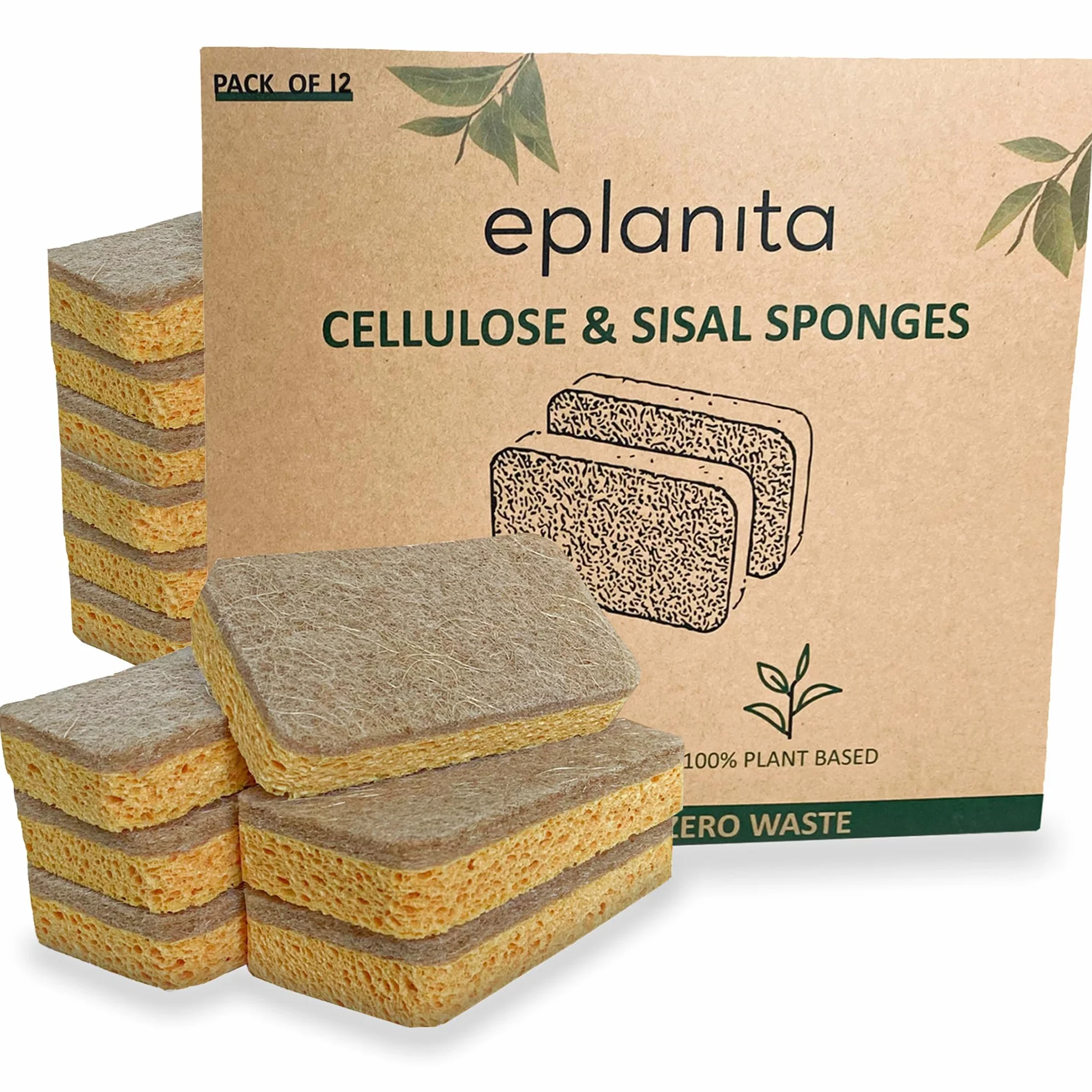 eplanita Natur Zelluloseschwamm und Sisalschwamm (12er-Pack) Bio Reinigungsschwamm, Küchenschwamm, Spülschwamm, Geschirrschwamm, Biologisch Abbaubar, Umweltfreundlich, Wiederverwendbar und Nachhaltig