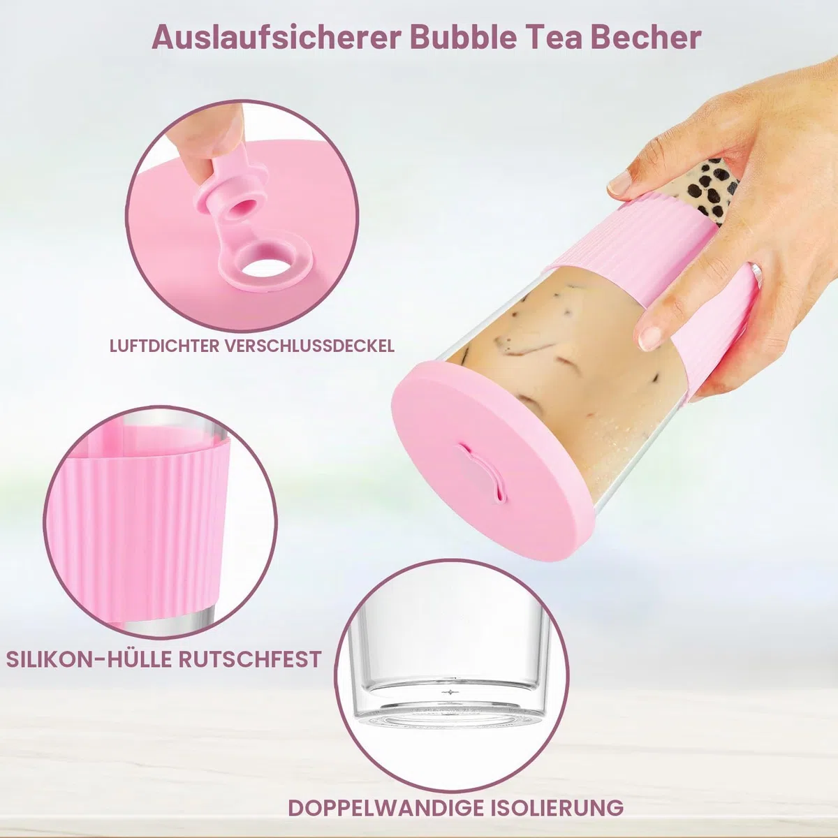2er-Pack wiederverwendbare Bubble-Tee-Tasse, Boba- und Smoothie-Becher, 730ml/24oz Breitmaul-Doppelwand-Trinkgläser mit Strohhalm & Deckel, auslaufsicher für Eiskaffee, Milchshake (Grün&Rosa)