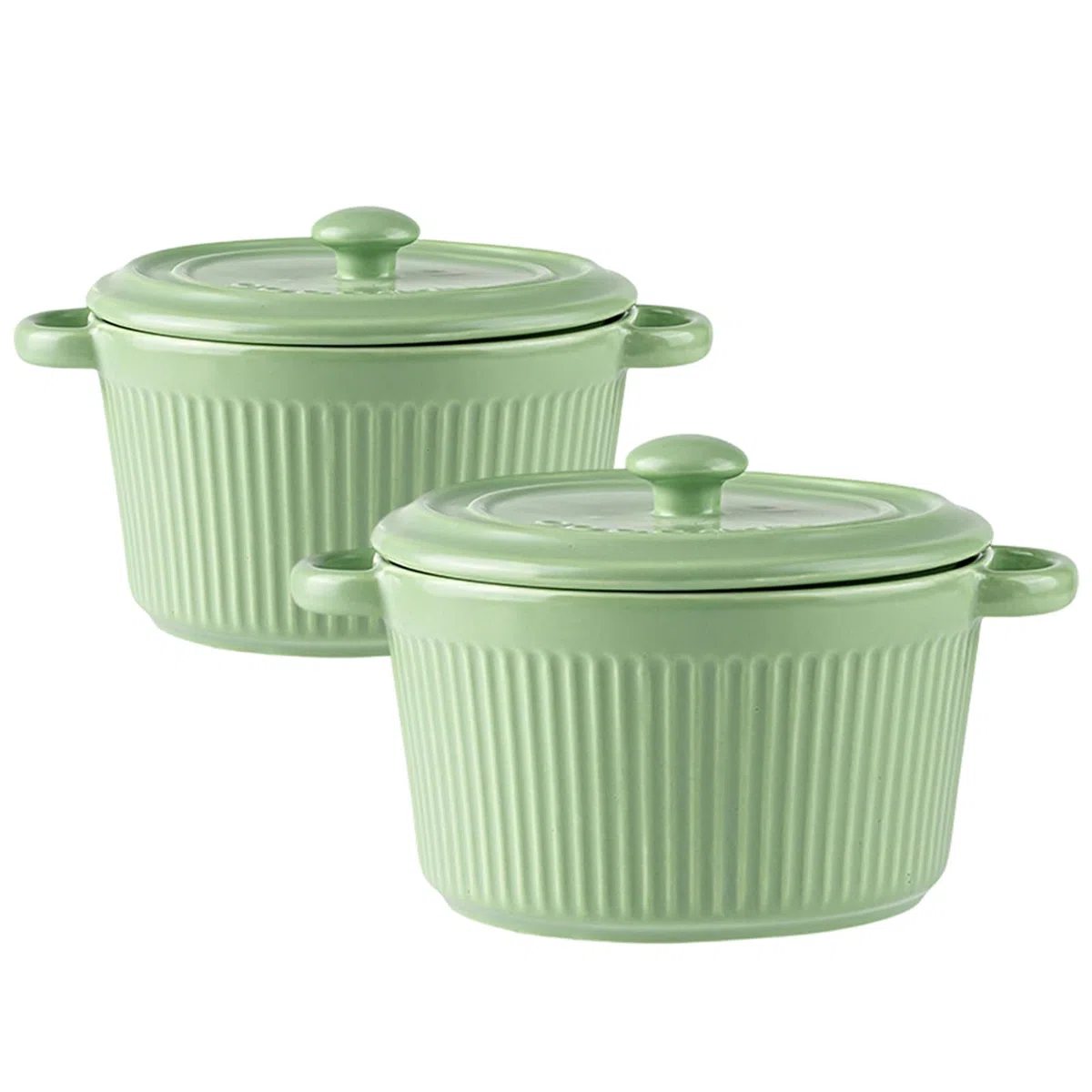 2er Mini Cocotte mit Deckel 250ML, Runde Auflaufform Klein, Keramik Auflaufformen mit Griffen für Lasagne, Soufflé, Gemüse, Creme Brûlée, für Heißluftfritteuse, Backofen, Mikrowellenherd, Grün
