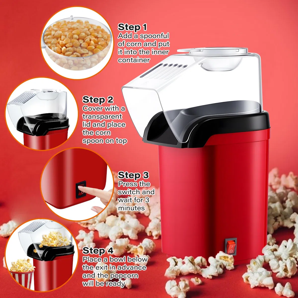 Heißluft Popcornmaschine, Mini Heißluft Popcorn Maker Ohne Öl, 1200w Popcornmaschine Klein, 3 Minuten Schnelles, One-Touch-Bedienung, Popcorn Maker für Zuhause Filme Fußballabend Weihnachten Partys