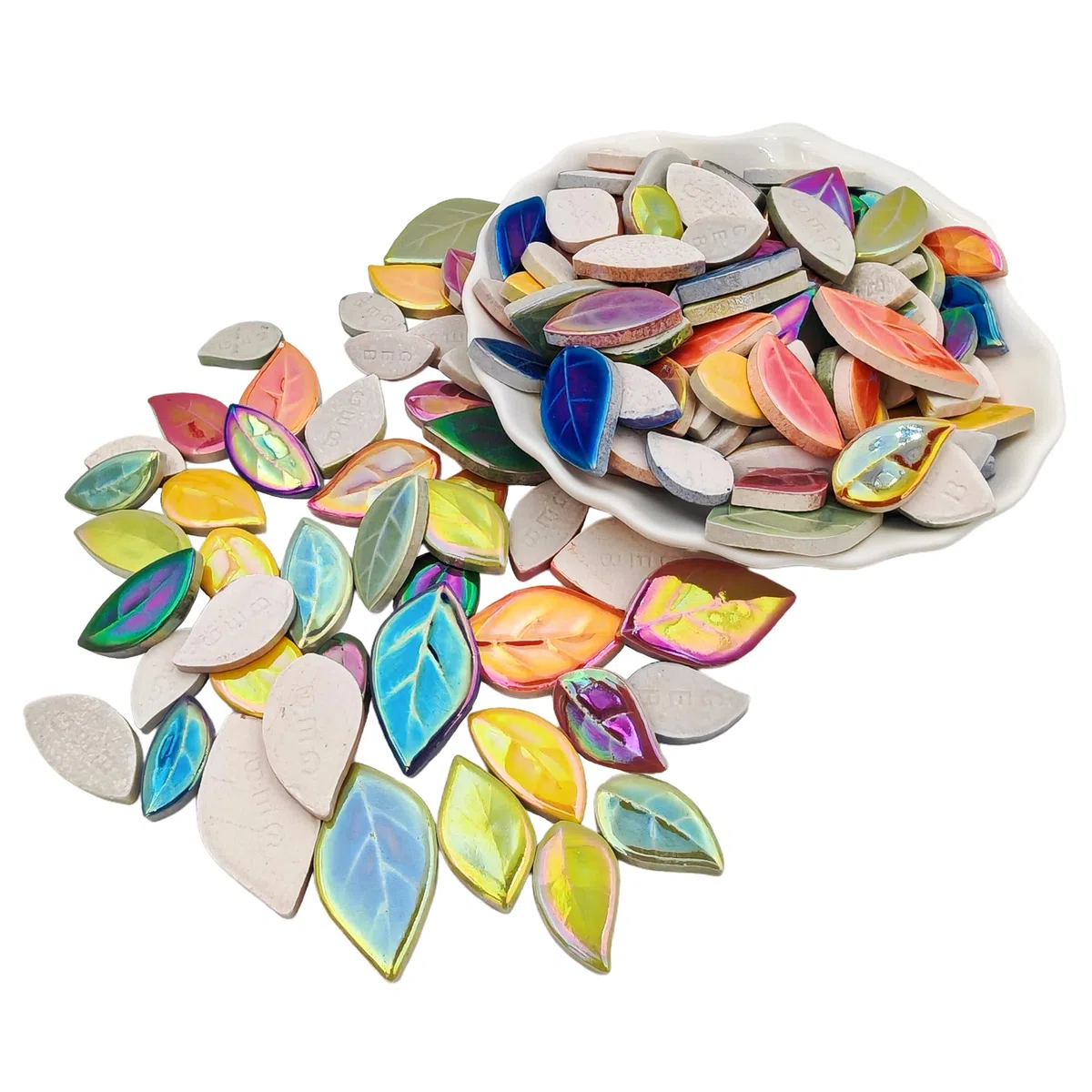 500g/0,5kg Blattförmige Keramik-Mosaikfliesen, Keramik-Mosaikstücke zum Basteln, Mosaikfliesen für Heimdekoration oder DIY-Bastelarbeiten, Mosaikherstellungsbedarf. (Schillernde gemischte Farben)