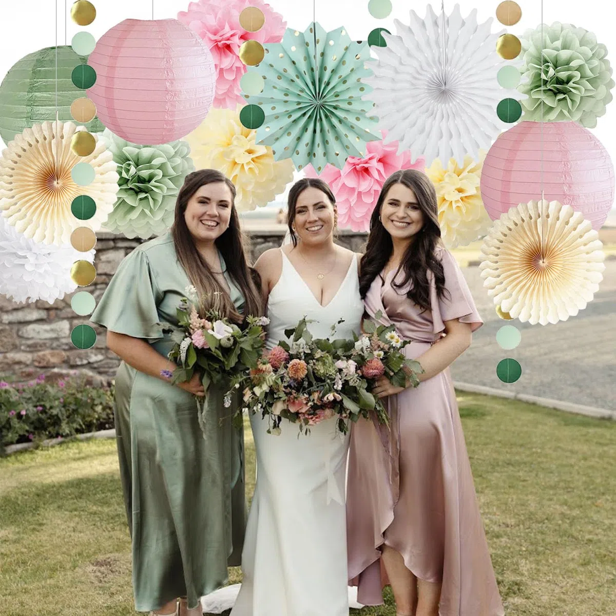 Salbeigrün und Rosa Party Deko Salbeigrün Beige Papierfächer Rosa Papierlaternen Salbei Geburtstag Mädchen Frau Deko mit Kreisgirlande für Babyparty Hochzeit Brautdusche Geburtstag Deko