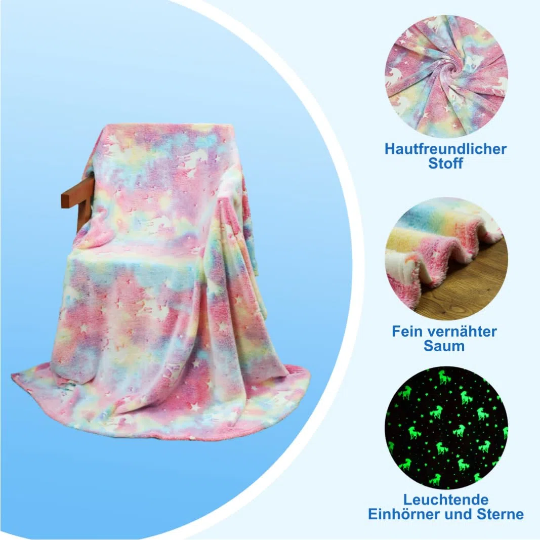 Flauschige Kinderdecke, Kuscheldecke mit leuchtenden Motiven wie Einhorn, Dino, Weltraum und Gaming - Weiche Fleecedecke für Mädchen und Jungen, (Rosa Einhorn, 150X130)