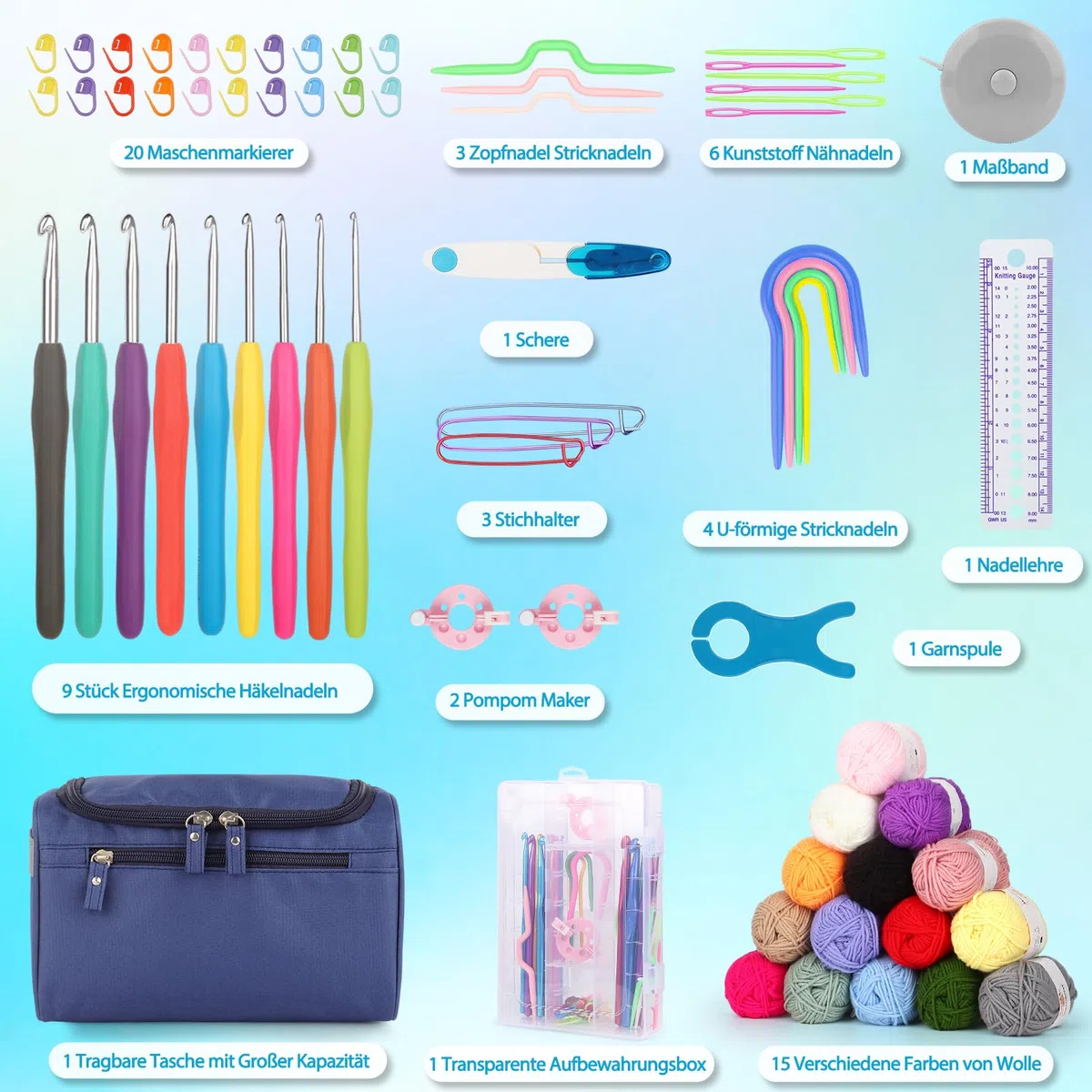 Coopay Tragbar Häkelset für Anfänger, Häkelnadel Set mit 15 Wolle, Tasche, Häkelzubehör, Ergonomische Häkelnadeln mit Weicher Griff und Metall Häkelnadel, 2,0-10 mm Praktische Häkelnadel Set Geschenk