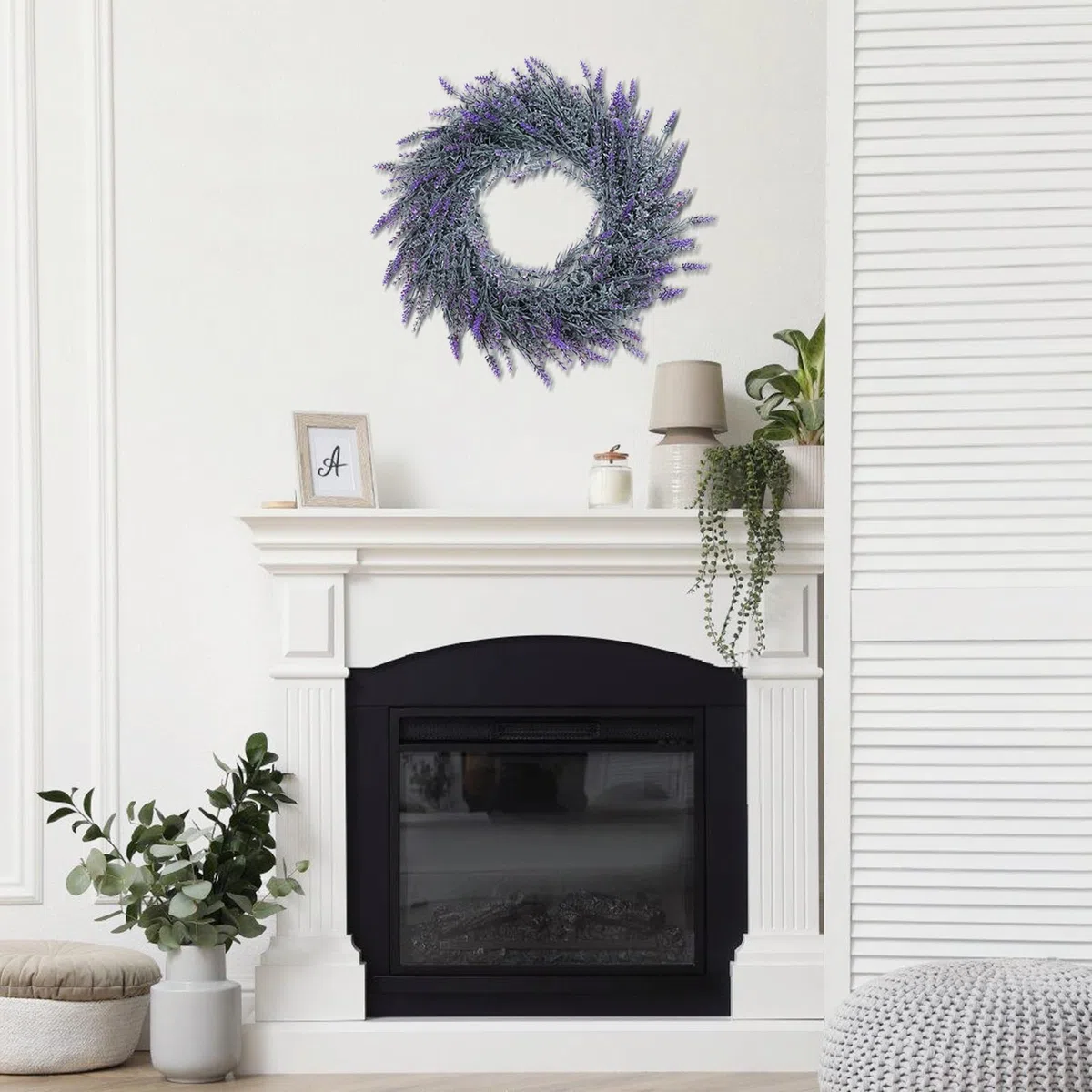 Lavendel-Kranz für die Haustür,48 cm/19 Zoll, künstlicher Frühlings-/Sommer/Valentinstags, Ganzjahres mit UV-Schutz, Landhausstil, für Hochzeiten, Partys, Zuhause, Wand oder Kamin