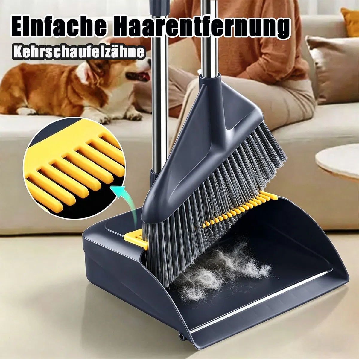 Besen und Kehrblech Set mit langem Stiel, höhenverstellbar, 4-lagige Borsten mit gesplitteten Spitzen, metallverstärkte Kehrblechkante, Kammzähne gegen Haare – Kein Spalt. Kein Restschmutz