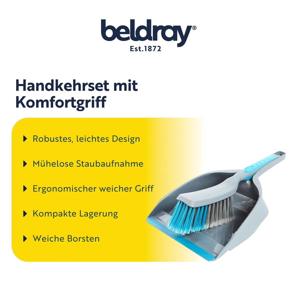 Beldray LA049254EU7 Schaufel und Besen Set - Handkehrset Mit Weichen Borsten, Kompakt Lagerung, Ergonomischer Weicher Griff, Robuster, Leicht Design, Gummilippe Erfassen mühelos Staub, Haare & Schmutz