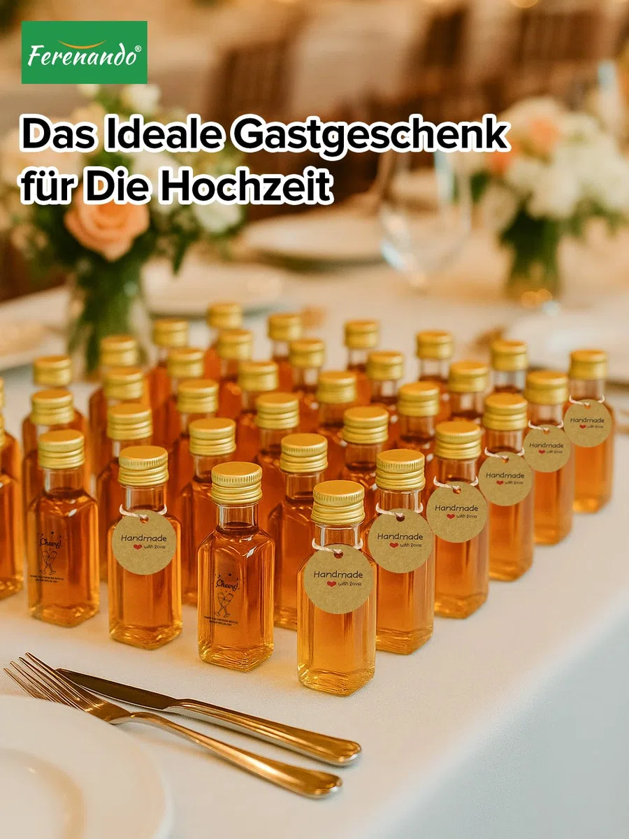54 Stk 25ml Kleine Flaschen zum Befüllen Kunststoff mit Aluminiumdeckel, Kleine Schnapsflaschen zum Befüllen, Wiederverwendbare Mini Flaschen Likörflaschen mit Etikett für Hochzeiten Party