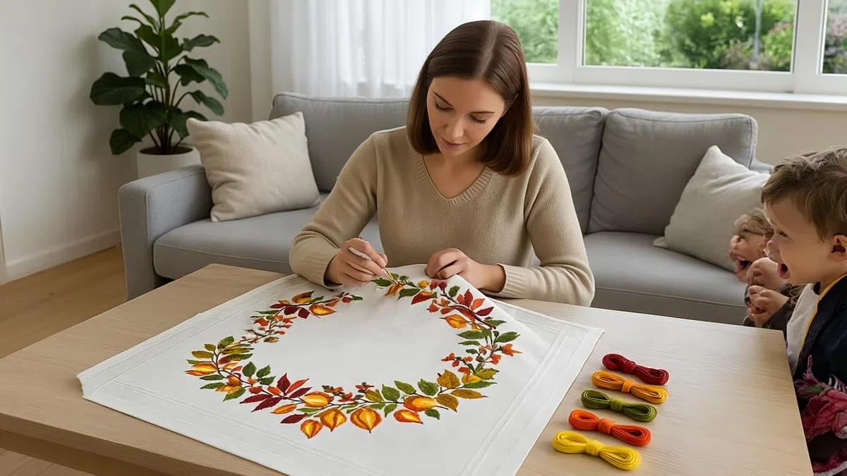 KAMACA Stickpackung Tischdecke Herbst Spannstich Set vorgedruckte Stickdecke inkl. Stickgarn Stickvorlage und Anleitung Stickset zum Selbersticken für Erwachsene (Blätter und Beeren MD 80x80 cm)