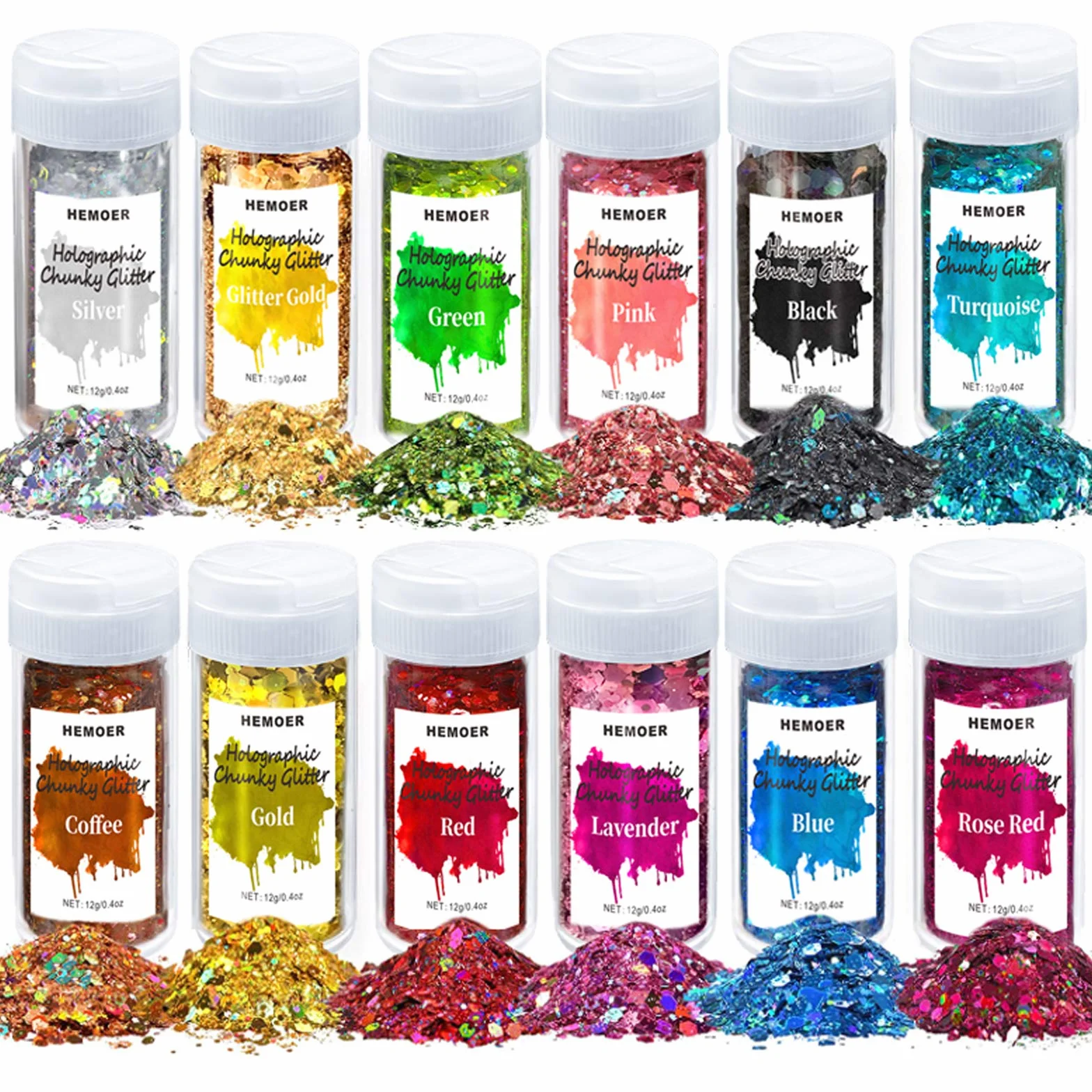 HEMOER 12 Farben holografische Pailletten 12SE, 144 g Pailletten für Gesicht, Kosmetikqualität, Pailletten für Körper, Haare, Epoxidharz, Festival-Party-Kunst und mehr -12 g/Flasche