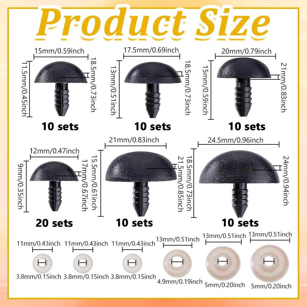 AHANDMAKER 70 Stück Sicherheitsnasen In 6 Stilen Schwarze Bastelnase Mit Abstandshalter 9mm 11.5mm 13mm 15mm 15.5mm 18.5mm Für Amigurumi Häkelbären Puppen Stofftiere