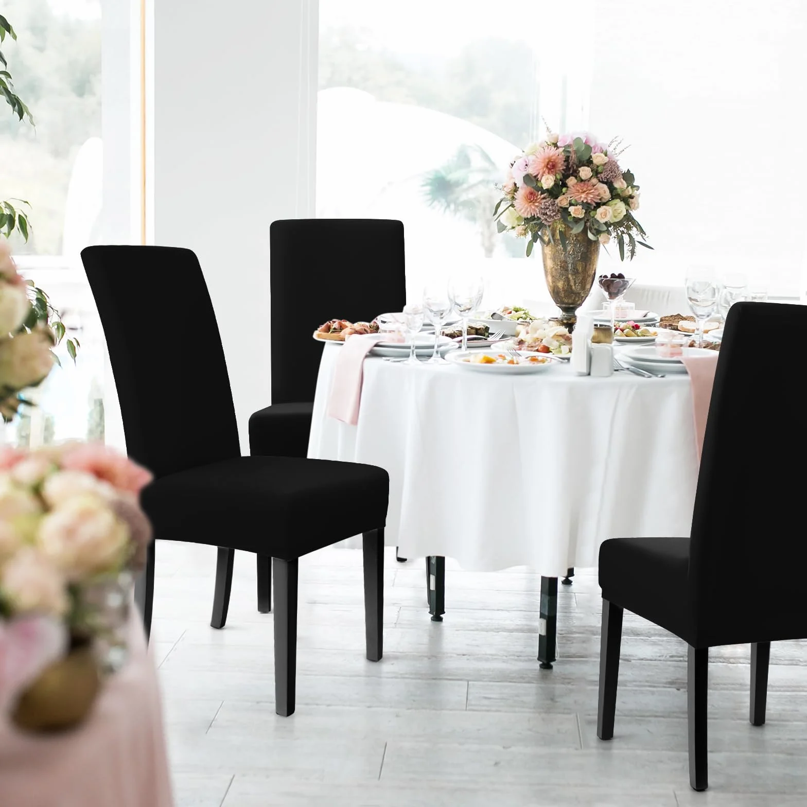 Stuhlhussen 4er Set Stuhlbezüge Moderne Stretch Stuhlhussen Universal Husse Abnehmbare Stuhlbezug Waschbarer Abdeckung Esszimmer Dekoration Spannbezug,für Hotel und Hochzeit Partys(4er Set, Schwarz)-C