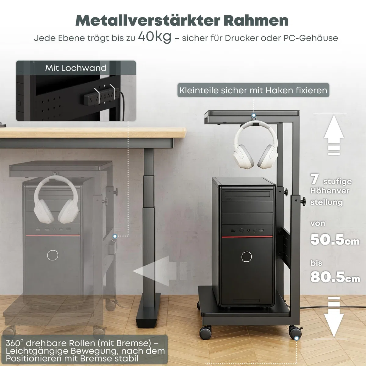Computer Tower Ständer mit Rollen - Höhenverstellbar von 50.5 cm bis 80.5 cm, 2 stöckiger PC Ständer mit Rollen und Maus Pad, Max. Belastung pro Ebene 40 kg für Gaming, Büro, Zuhause, Schwarz