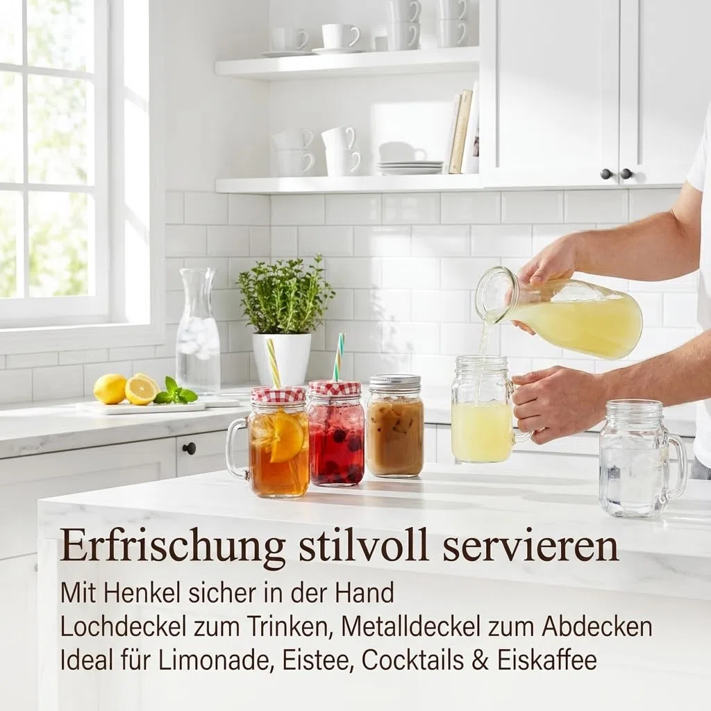 gouveo 6er Set Trinkglas 450 ml (0,45 l) mit Henkel und Schraubdeckel silberfarben + rot – Henkelglas mit Mehrweg-Trinkhalm aus Hartkunststoff für Garten, Bowle, Cocktails (TGH450SR)