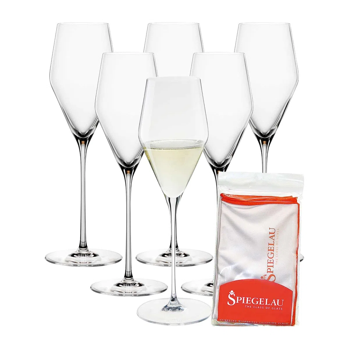 Spiegelau Definition Champagnergläser 6er Set + Poliertuch, Sektgläser (250 ml) und Mikrofaser-Glasreinigungstuch (50 x 64 cm), Kristallglas