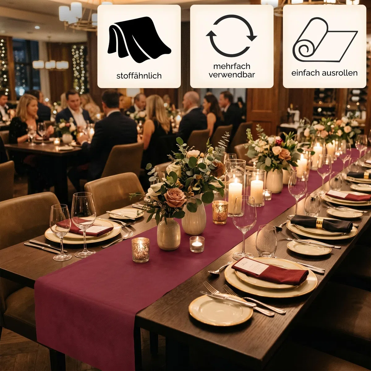 Sensalux Vlies Tischläufer Grau 50 cm x 25 m, Tischband stoffähnlich, Tischdeko Meterware für Hochzeit Geburtstag Event Catering, Oeko-TEX