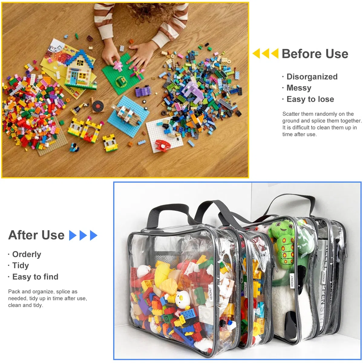 4er PVC Aufbewahrungstaschen für Spielzeug Toilettentaschen mit Reißverschluss Netzseitentaschen für Badespielzeug Puzzle,Bausteine(9x3x11.8inch)