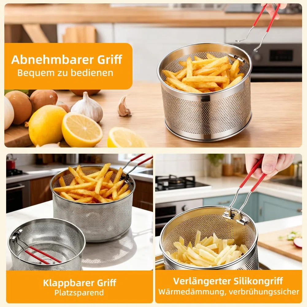 2er-Set Edelstahl Frittierkorb (18+20cm) mit abnehmbarem Griff – Vielseitig als Nudelsieb, Frittiersieb & Siebkorb für Pommes, Gemüse und Nudeln, platzsparend