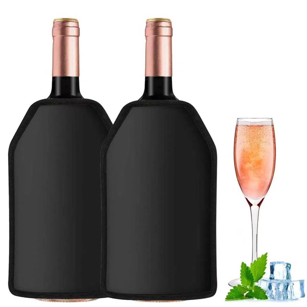 Kühlmanschette Wein, 2 Stück Weinkühler Manschette, Schwarz Flaschenkühler für Unterwegs, Wiederverwendbarer Flaschenkühler für Wein, Champagner, Flaschen