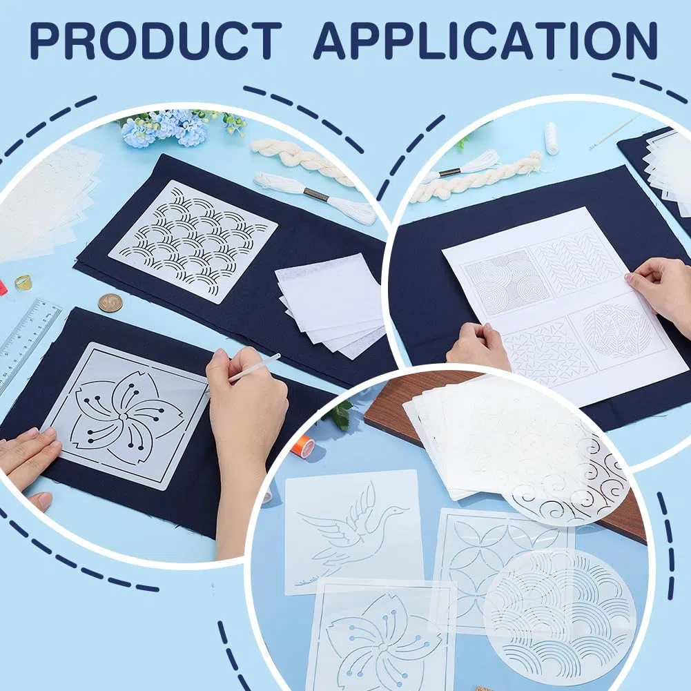FREEBLOSS 4 Set Sashiko Untersetzer Set Mit 12 PET Schablonen. Vollständiges Stickset Inklusive Faden 16 Nadeln Wasserlöslichen Schablonen Und Stoff. Sashiko Für Erwachsene Mit Anleitung