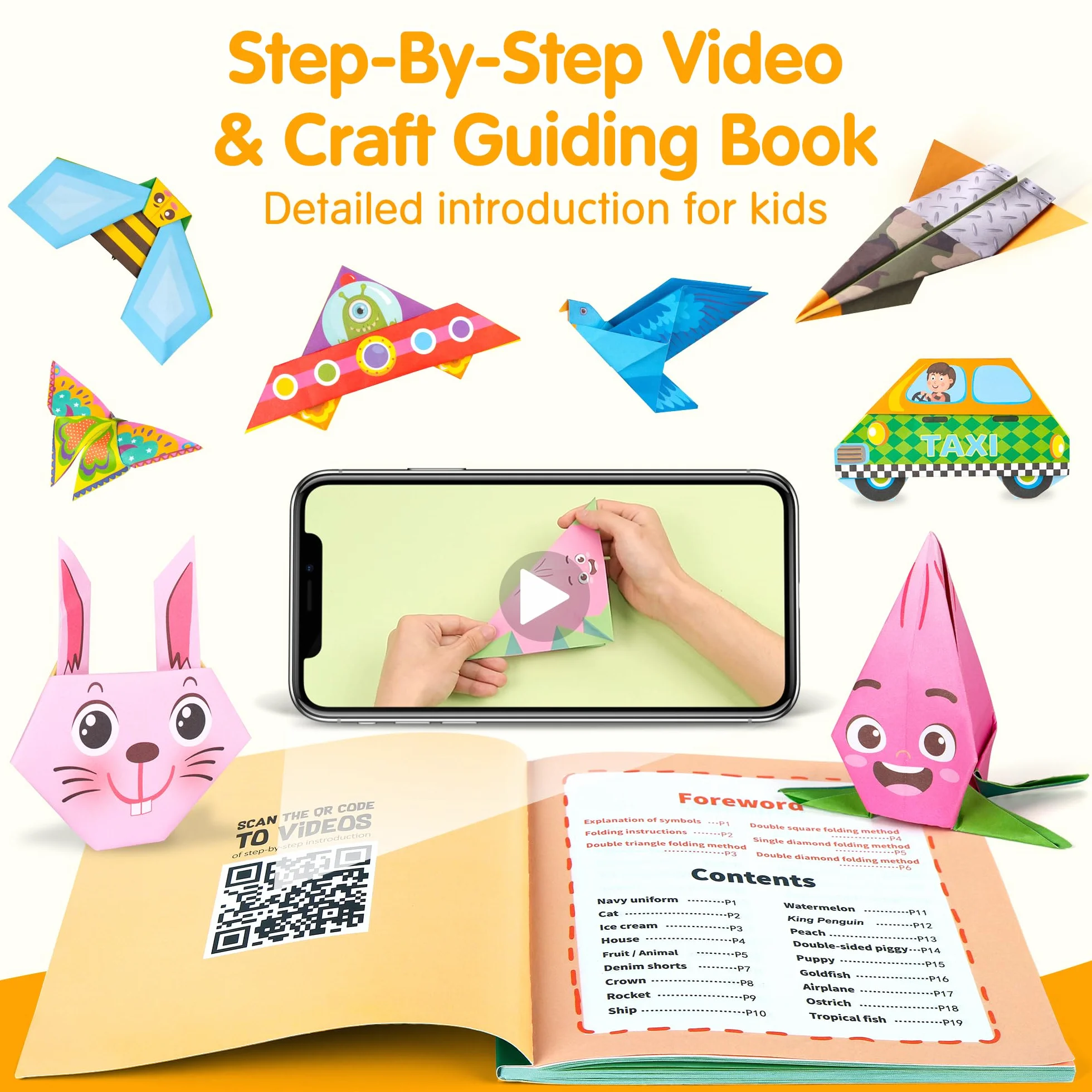 Mocoosy Origami-Papier-Set für Kinder, 224 Blatt doppelseitiges Origami-Papier mit Video-Tutorials und Anleitungsbuch, Origami mit 72 Mustern, Kunst Bastelset für Kinder Geschenk für Mädchen Jungen