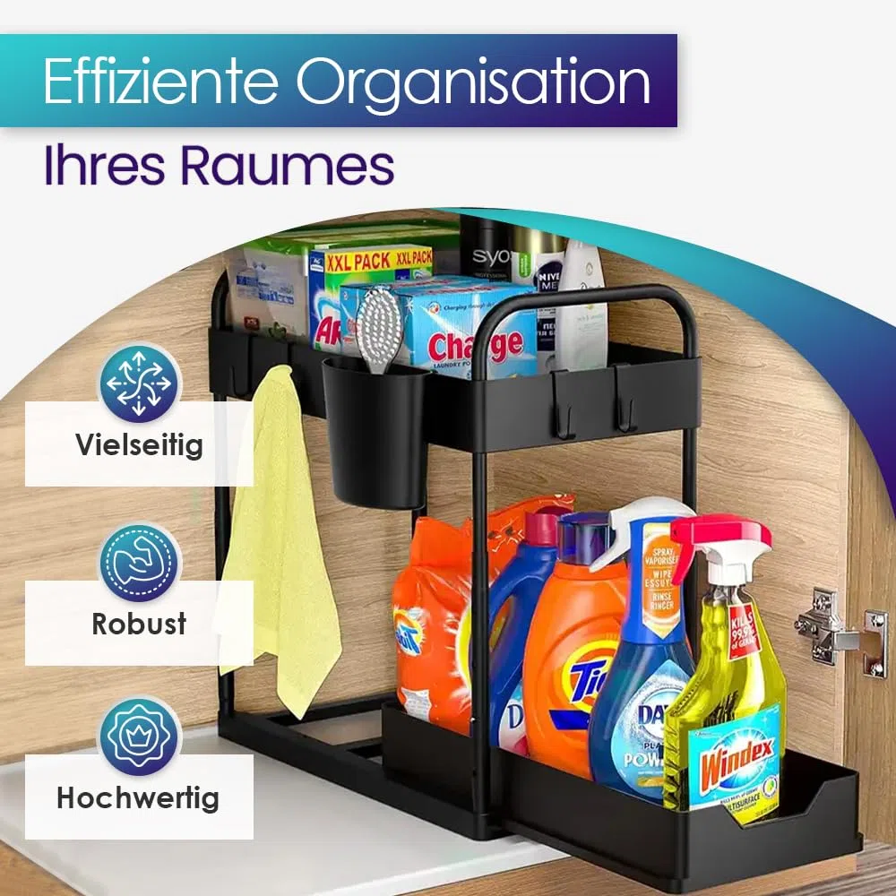 Unter-Spüle Organizer – Küchen Organizer für Spülenschrank & Bad – 2 Etagen Regal platzsparend mit 4 Haken, 2 Bechern & 4 Trennblättern – Schwarz