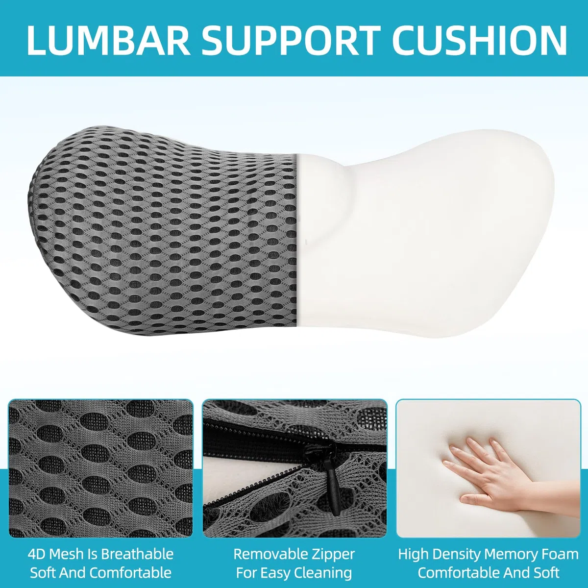 Memory Foam Lendenkissen,Ergonomisches Rückenkissen,Lendenwirbelkissen mit atmaksaktivem Bezug & verstellbarem Gurt,Rückenstützkissen,Rückenpolster für Auto,Bürostuhl,Bett,Sofa (grau)
